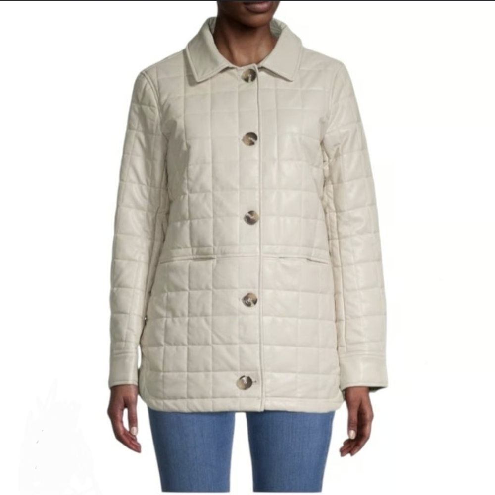 Sam Edelman Women's Cream Quilted Puffer Faux Leather Jacket, Preowned, XL
